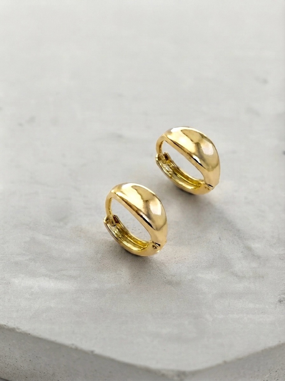 14K Gold Plated Concave Huggie Hoop Earrings | Small Minimalist Earrings - Picture 4 of 8